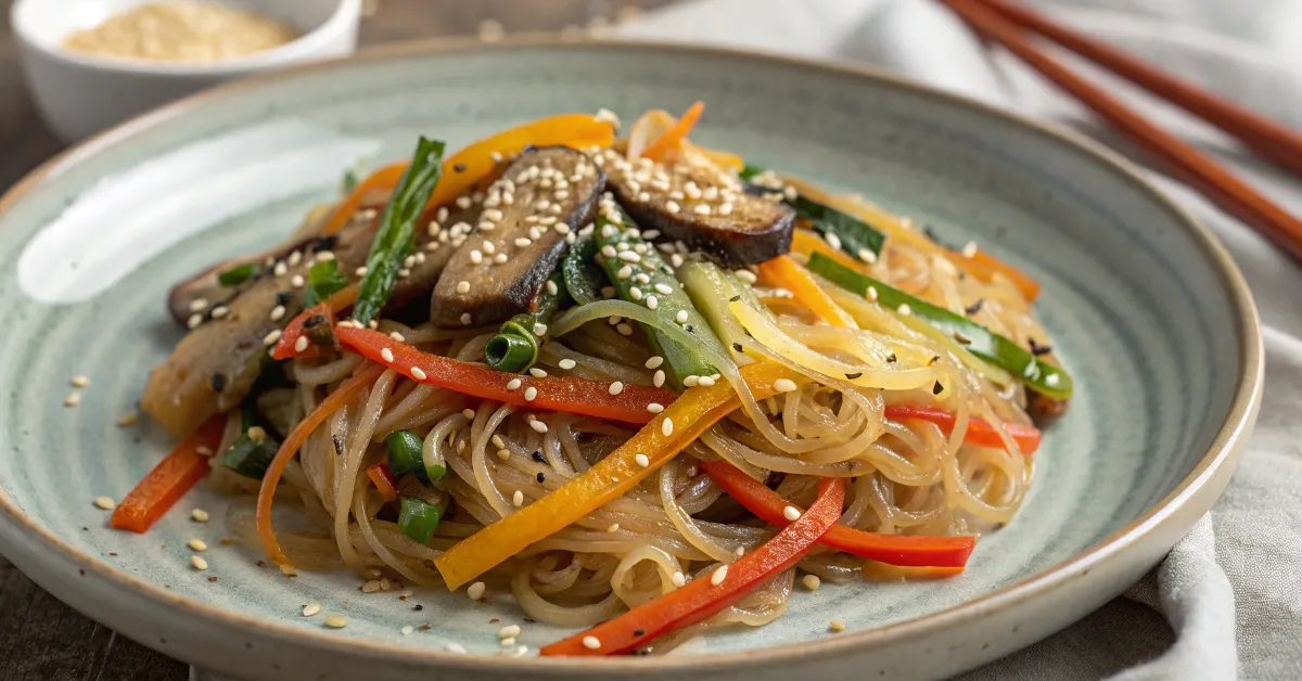 A close-up of keto japchae with shirataki noodles, stir-fried vegetables, and sesame seeds on a ceramic plate.