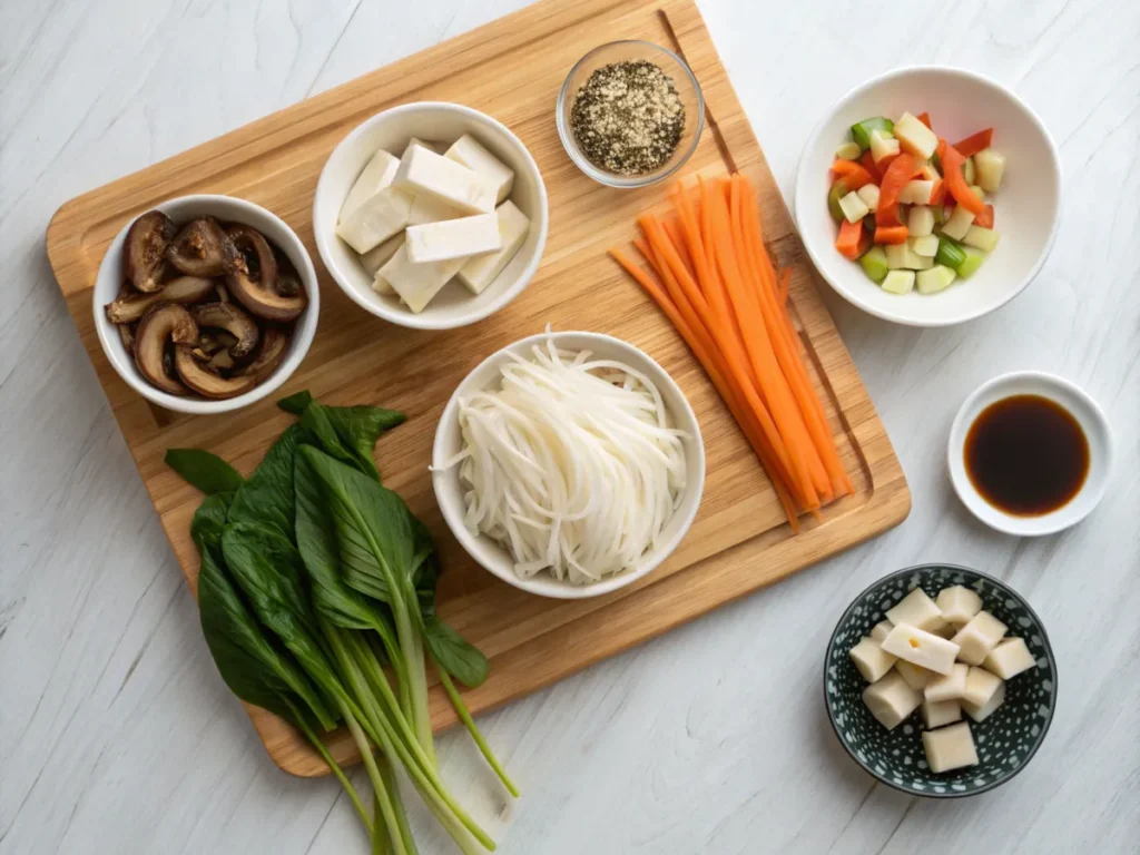 Ingredients for keto japchae tofu arranged on a wooden board.