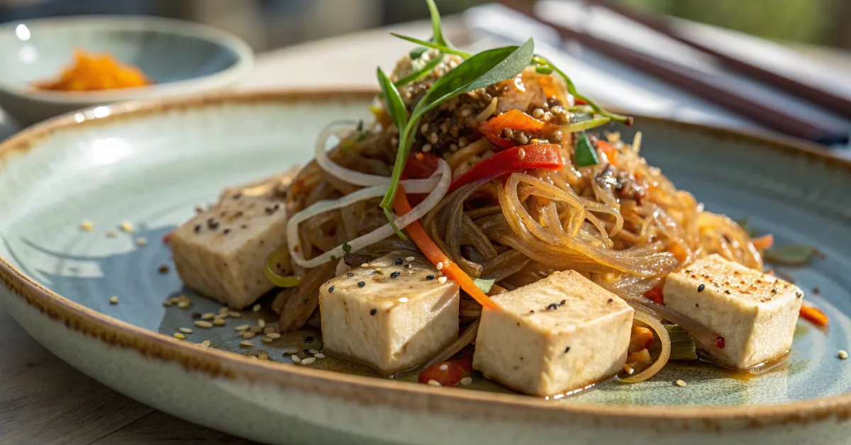 A close-up of keto japchae tofu plated with vibrant lighting.