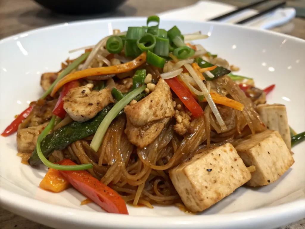 A plated variation of keto japchae tofu with added chicken.