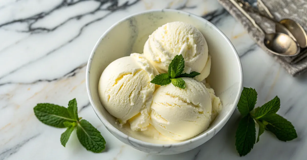 A close-up of vanilla keto ice cream in a bowl with mint garnish.