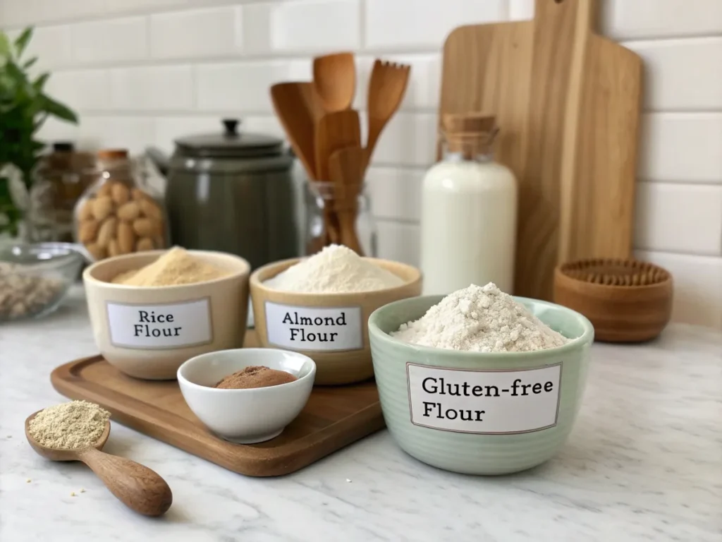 Different types of gluten-free flour in bowls on a kitchen counter.