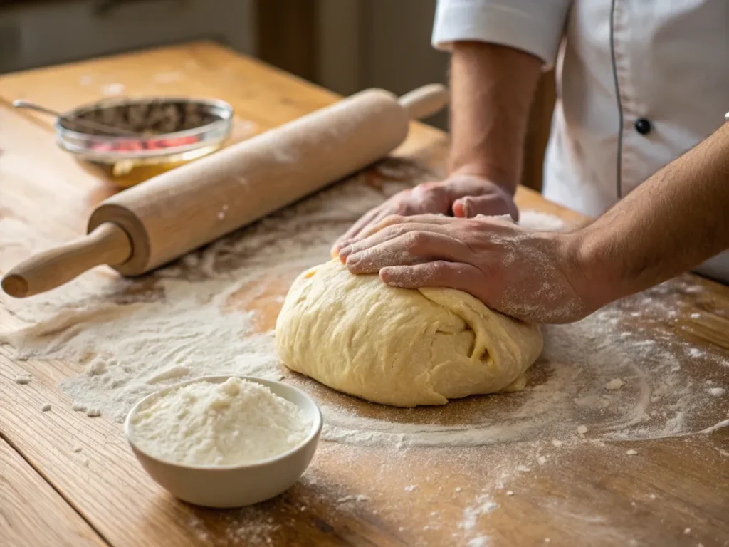 Hands kneading soft, elastic brioche dough on a floured wooden surface.