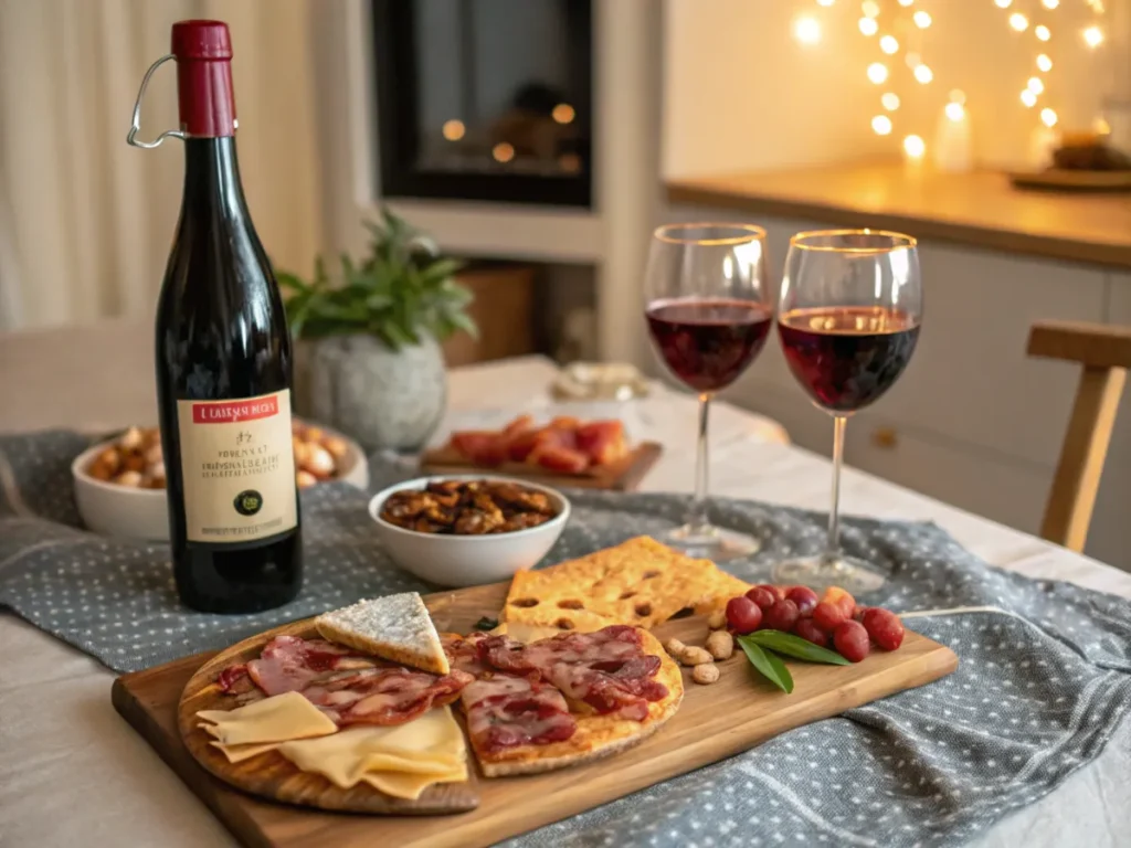 A bottle and glasses of Lambrusco with a charcuterie board and pizza on a cozy table.