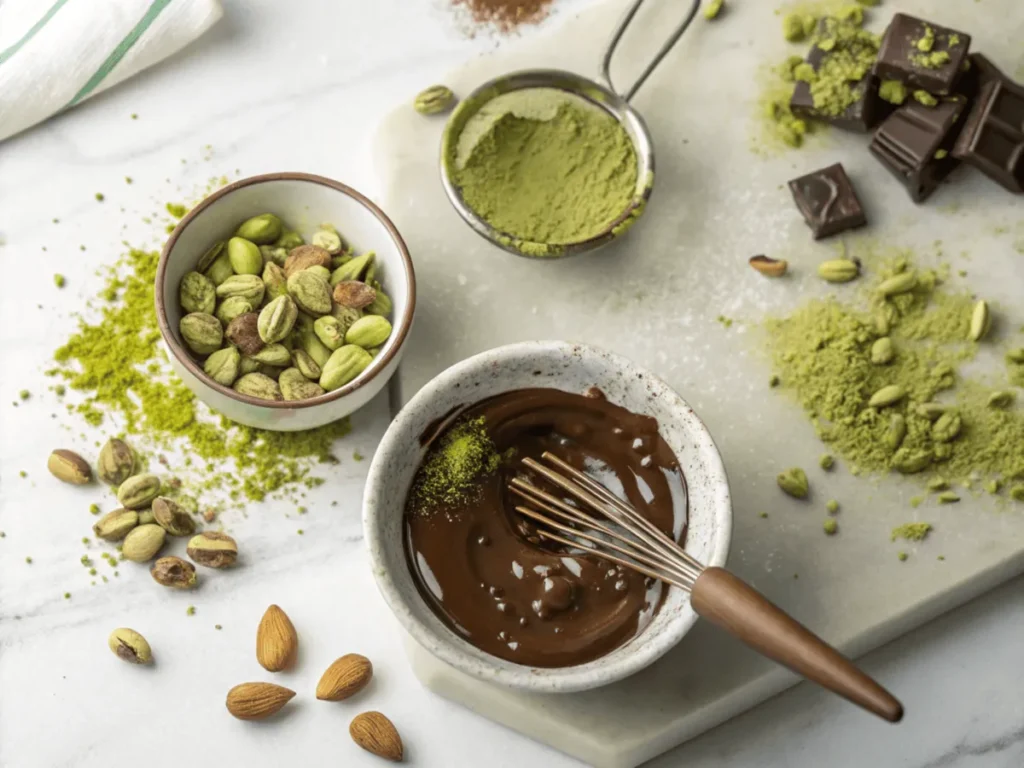 Chocolate mold partially filled with flowing pistachio filling, melted chocolate, and golden kunafa dough on a black surface.