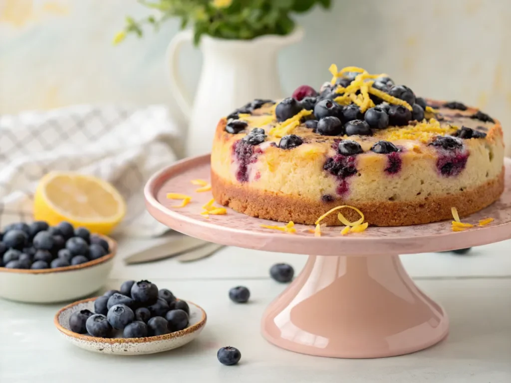 A lemon and blueberry dessert on a pastel cake stand.