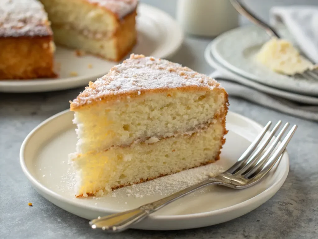 A slice of moist cake on a white plate.