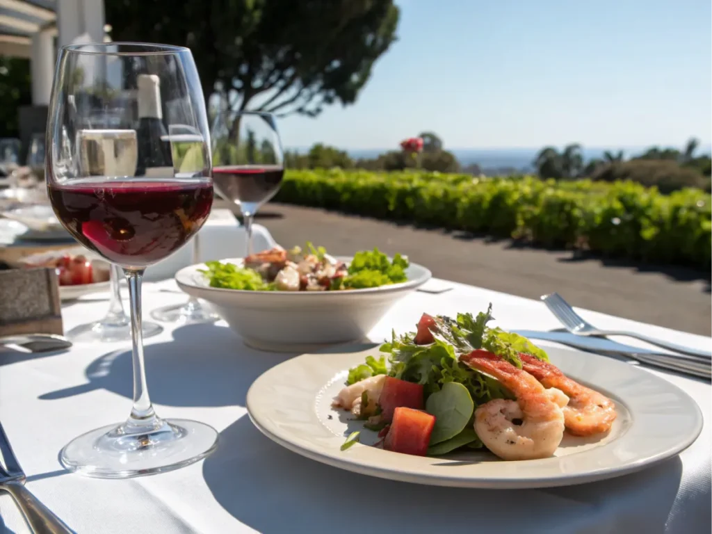 A glass of Pinot Noir paired with a salad and seafood platter on an outdoor table.