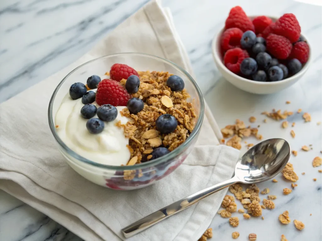 Bowl layered with yogurt, berries, and crunchy mix.