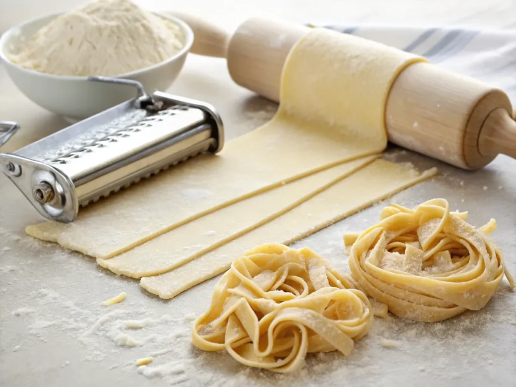 Rolled-out gluten-free pasta dough with a cutter on a kitchen counter.