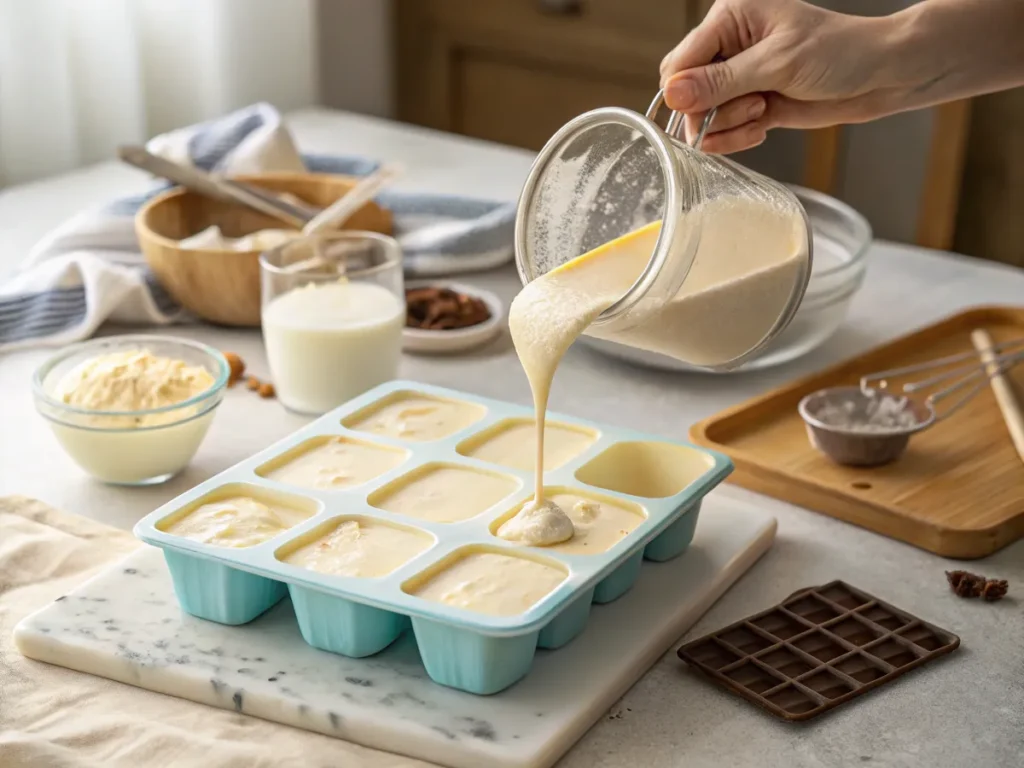 Pouring a vanilla keto ice cream mixture into molds with a clean kitchen setup in the background.