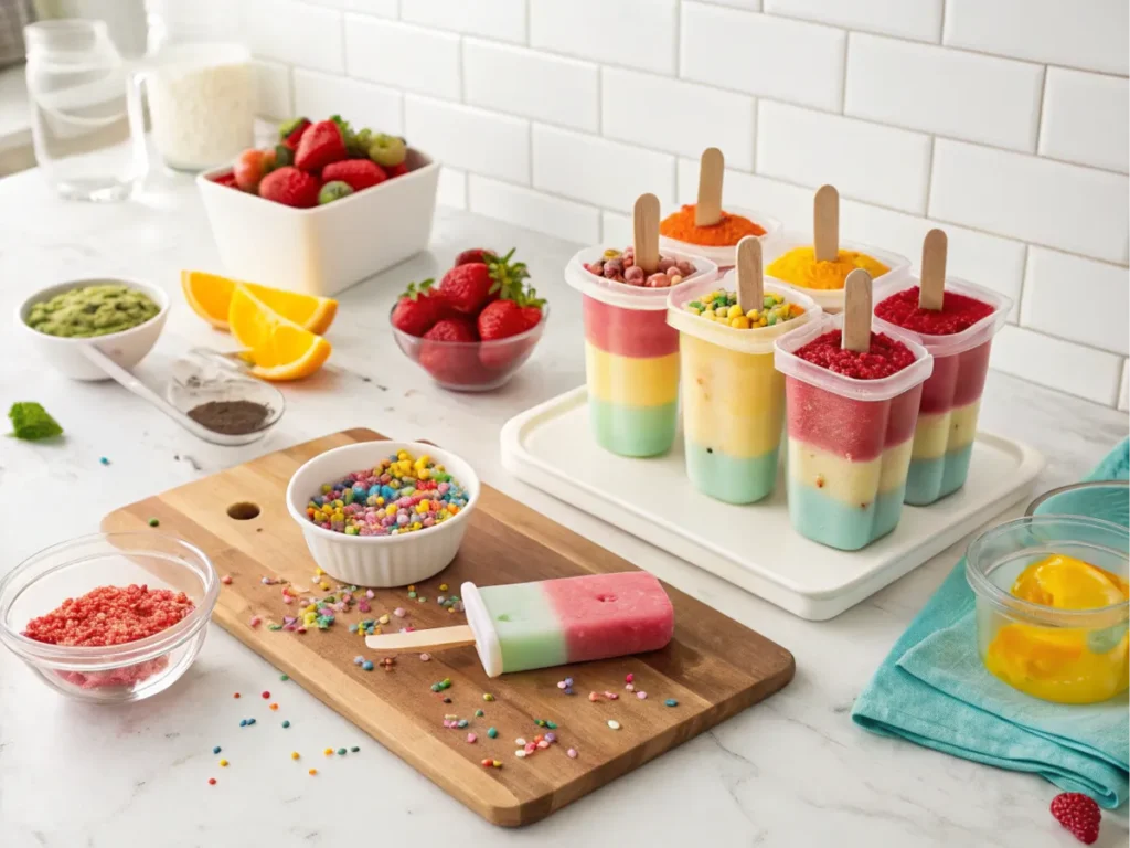 Push Pop molds being filled with colorful layers of ice cream, fruit puree, and sprinkles on a modern kitchen counter.