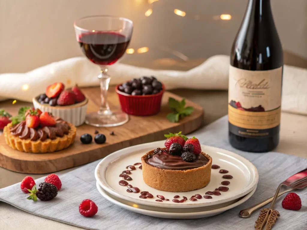 A glass of Lambrusco Dolce with chocolate mousse and fruit tarts on a dessert table.