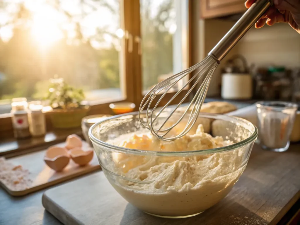 Mixing cupcake batter in a bowl in a well-lit kitchen.