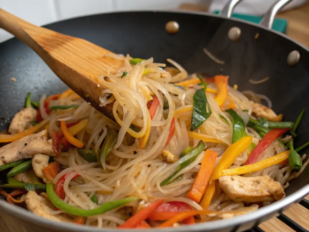 Shirataki noodles, vegetables, and protein being combined in a wok for keto japchae.