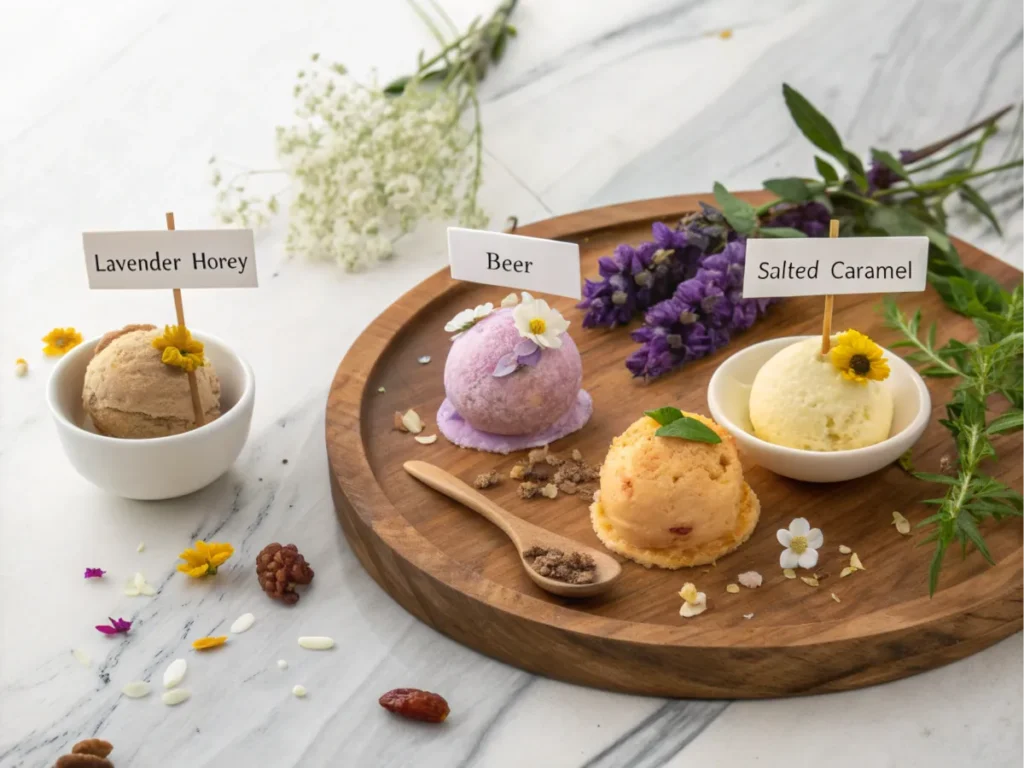 A platter of modern German ice cream flavors like lavender-honey and beer.