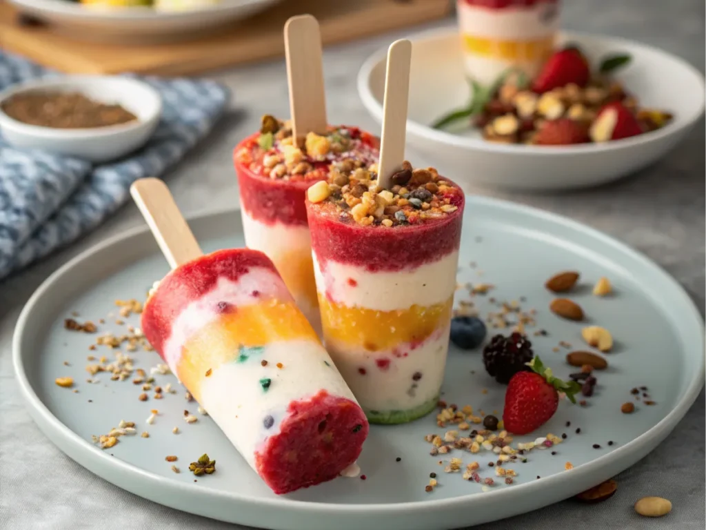 A colorful assortment of modern Push Pops Ice Cream with layers of fruit and yogurt.