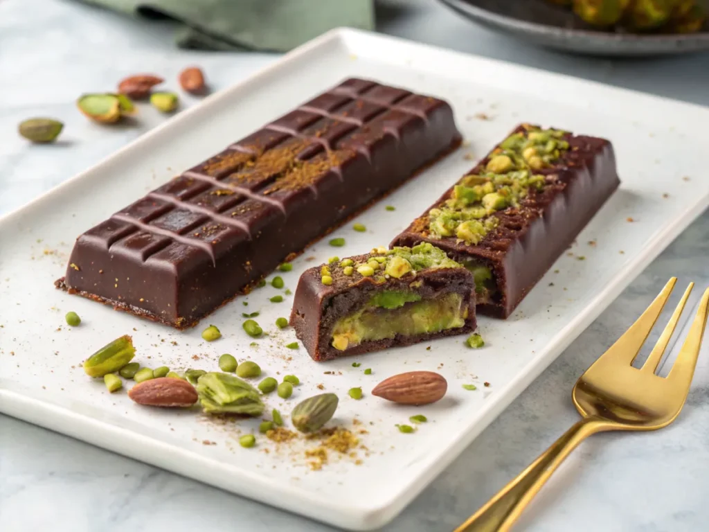 Warm and chilled chocolate bars with runny pistachio filling, styled on a white plate with garnishes.