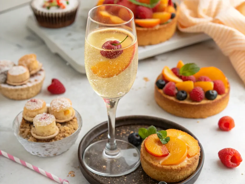 A glass of Moscato wine paired with fruit-based desserts like tarts and sorbet.