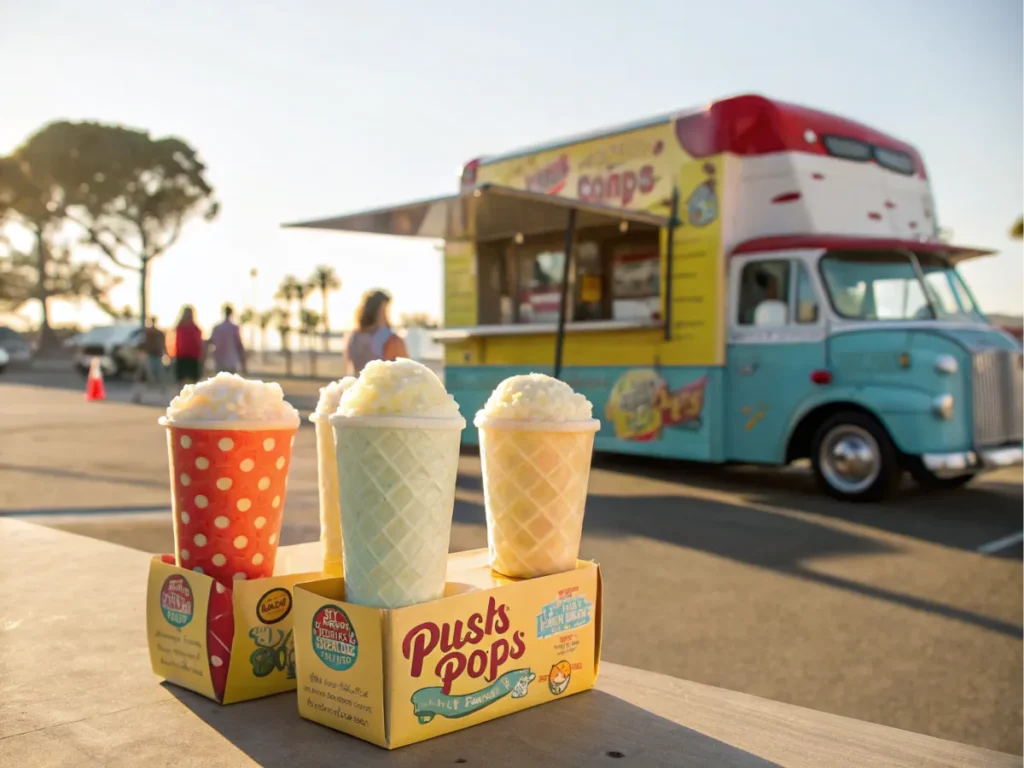 A retro-inspired presentation of a frozen dessert with colorful packaging.