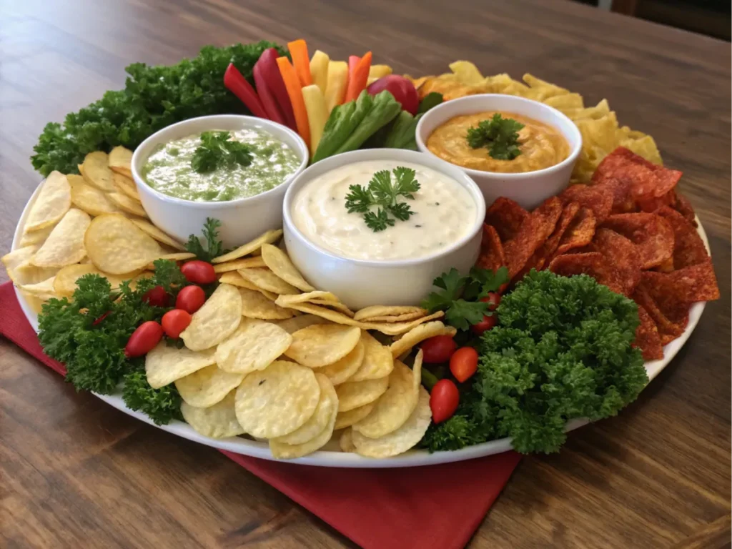 A snack platter with sour cream and onion chips, accompanied by dips and fresh garnishes, ideal for parties.