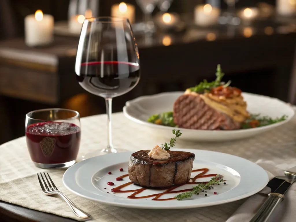 Table setting with glasses and dishes under warm lighting.