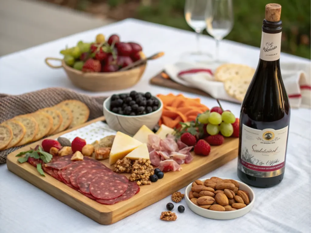 A charcuterie board paired with a bottle of Lambrusco, featuring dried fruits and cured meats.