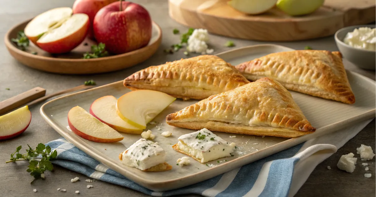 A close-up of freshly baked goat cheese and apple turnovers on a plate, paired with apple slices and goat cheese crumbles.