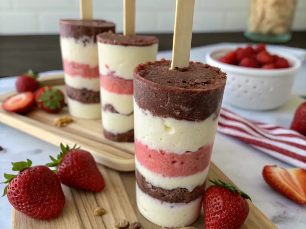 A close-up of a frozen dessert with distinct chocolate, vanilla, and strawberry layers.