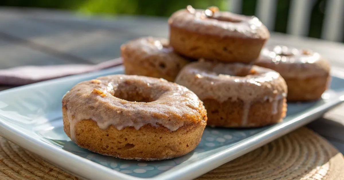 A close-up of freshly baked protein donuts plated with vibrant lighting.