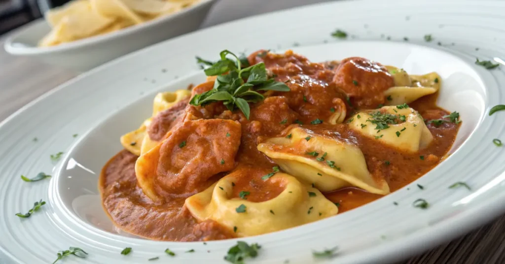 A close-up of tortellini with a thick, creamy sauce on a white plate.