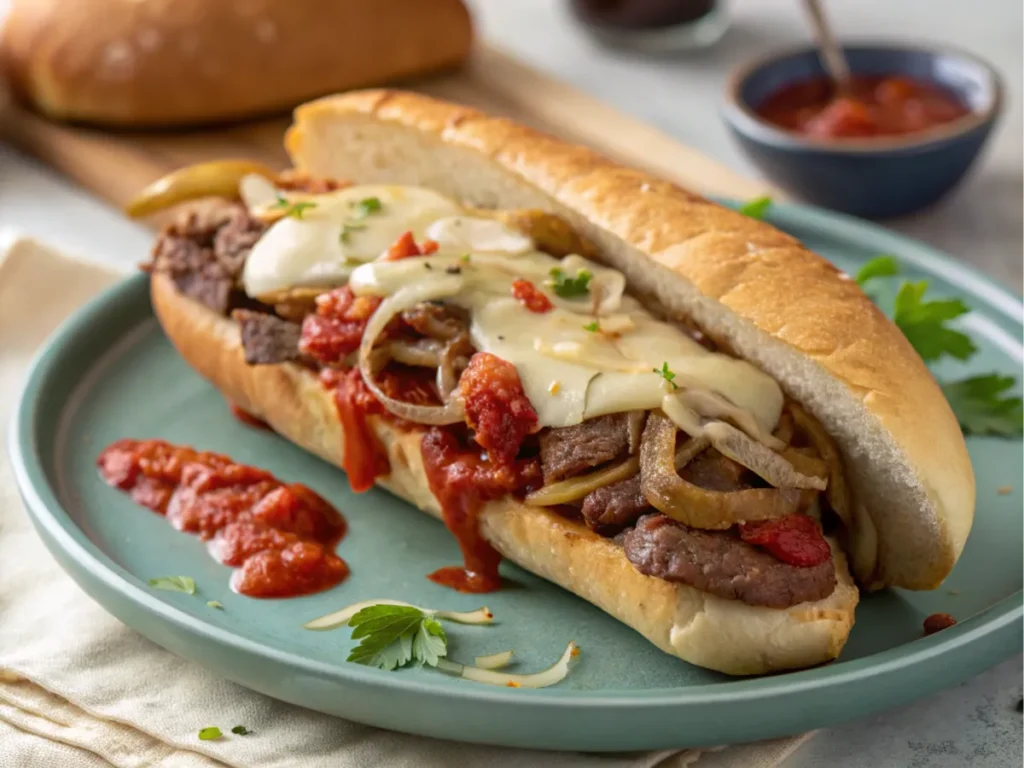 Philly cheesesteak with marinara sauce and melted mozzarella cheese.