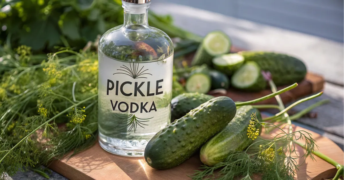 A glass bottle of pickle vodka surrounded by dill and pickles.