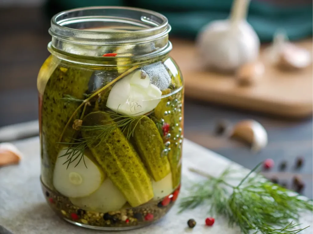 A jar of pickle vodka infusion with dill and peppercorns.