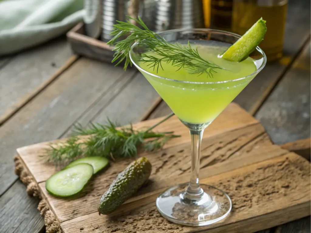 A pickle vodka martini garnished with dill and a pickle slice.