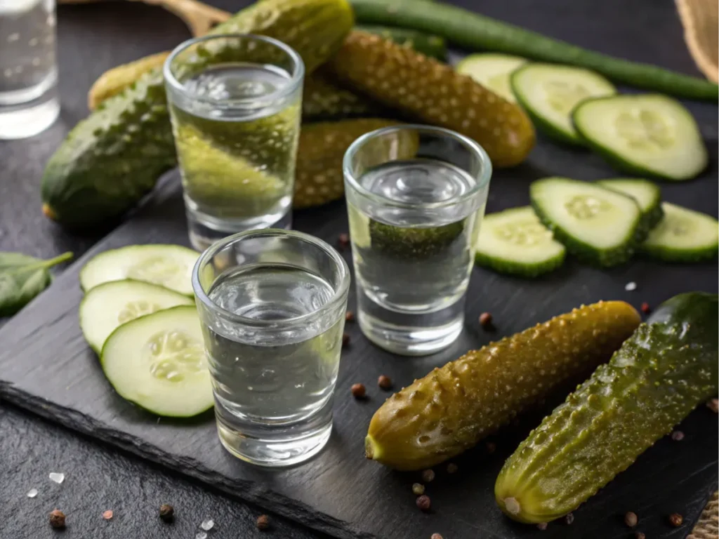 Shot glasses with cucumbers and pickles on a dark slate table.