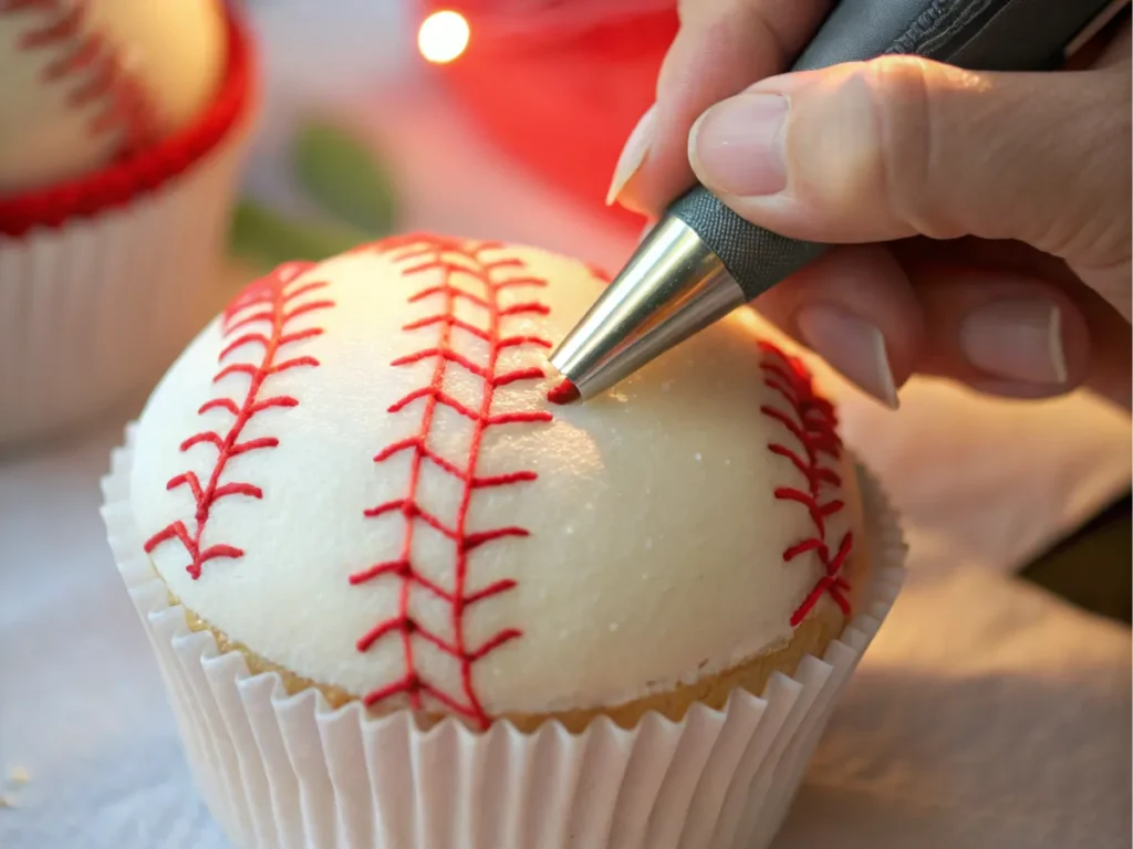 A hand piping red lines on a dessert.