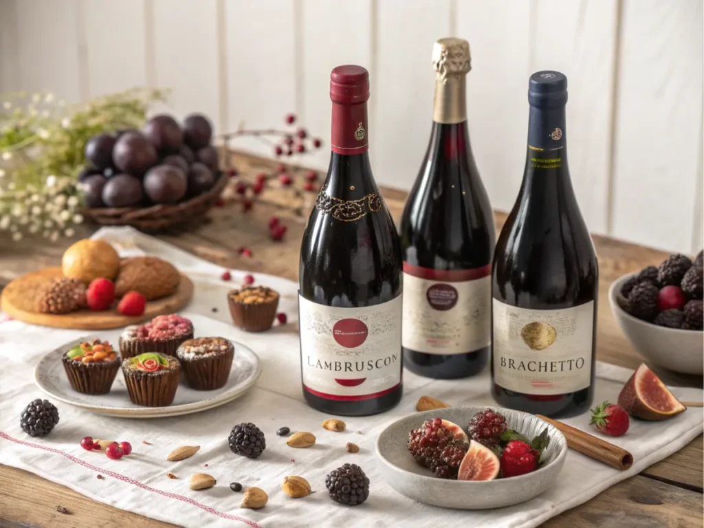 Bottles of Port, Lambrusco, and Brachetto surrounded by fruits and desserts.