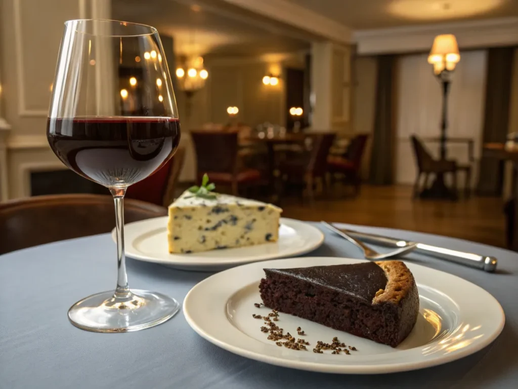 Port wine paired with chocolate cake and Stilton cheese in an elegant after-dinner setting.