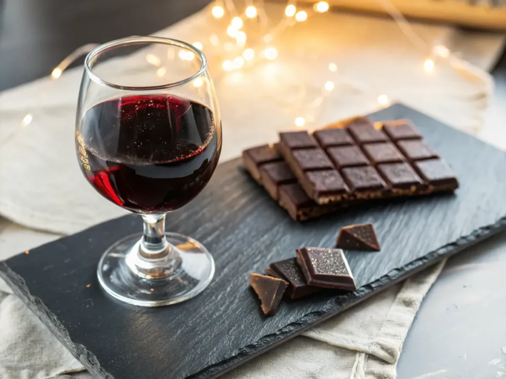 A glass of Port wine with pieces of dark chocolate on a slate tray.