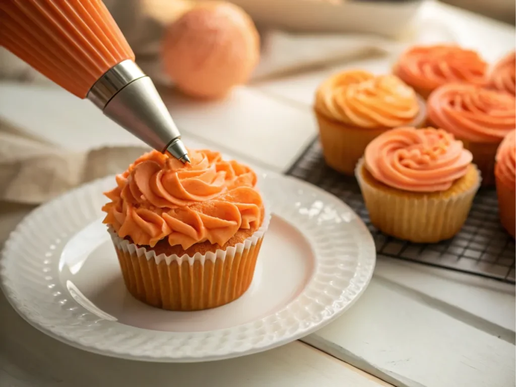 Piping grooves on a cupcake with orange frosting.