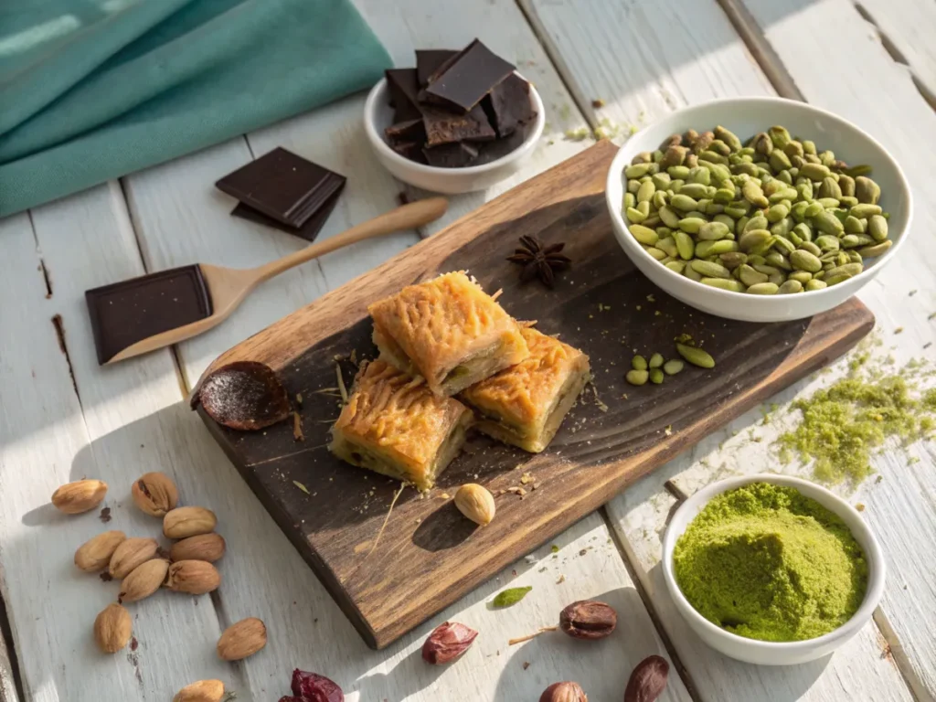 Ingredients for Dubai chocolate bar: pistachio paste, kataifi pastry, and dark chocolate on a rustic wooden surface.