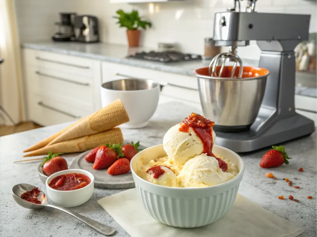 Dessert mixture with tomato paste in a churning machine.