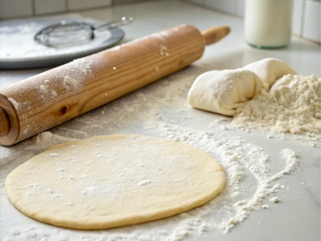 Dough being rolled out with a rolling pin on a floured surface.