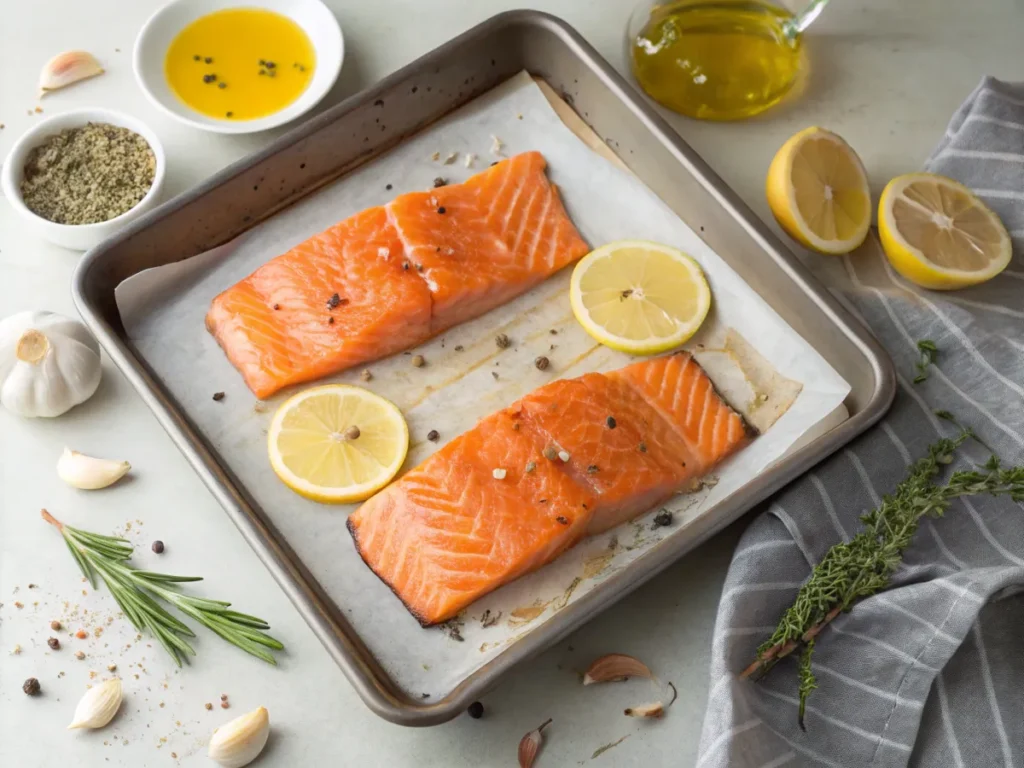 A marinated salmon fillet on a baking tray surrounded by lemon wedges and garlic.