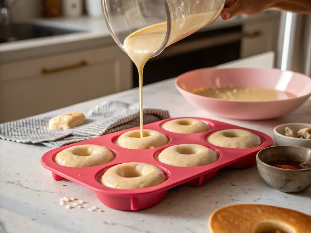 Batter being poured into a donut mold in a kitchen setting