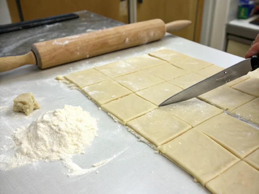 Puff pastry being cut into squares on a floured surface.