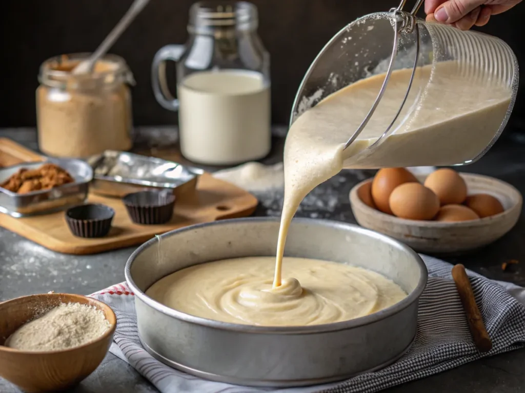 Batter being poured into a cake pan with a jar of sourdough starter in the background.