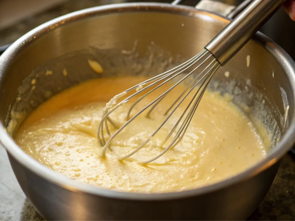 Butter and flour whisked together in a pan to create a smooth roux.