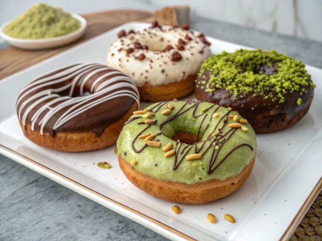 Various protein donut flavors arranged on a plate.